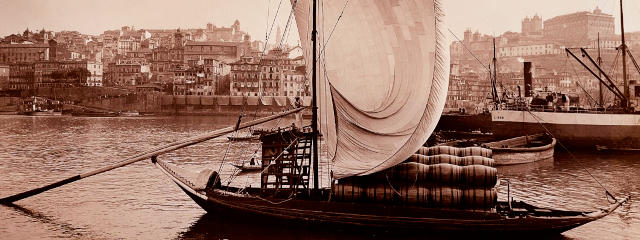 Barco rabelo e transporte do Vinho do Porto, em Peso da Régua, distrito de Vila Real no Alto Douro &copy; Internet, ilustração