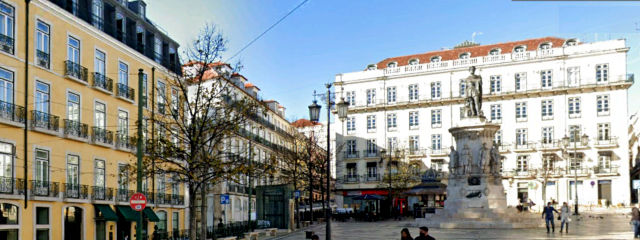 Vista da fachada do Teatro D. Maria II (detalhe/pormenor), Rossio, Santa Maria Maior, Lisboa &copy; Google Earth Pro