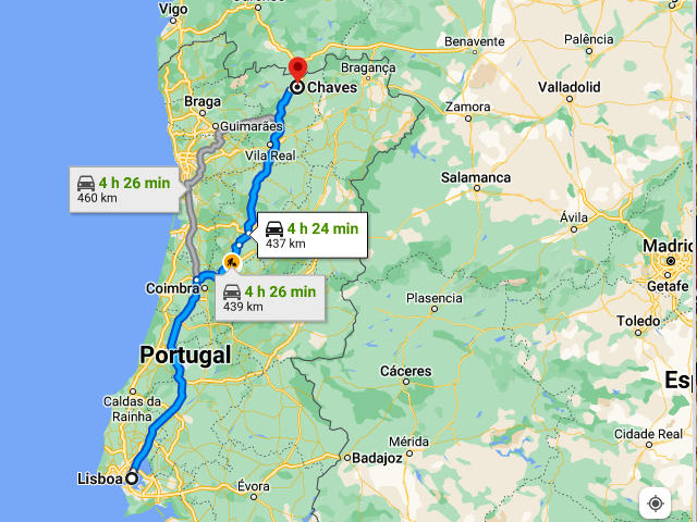 De Lisboa a Chaves (Distrito de Vila Real), em Alto Douro Trás-os-Montes &copy; Google