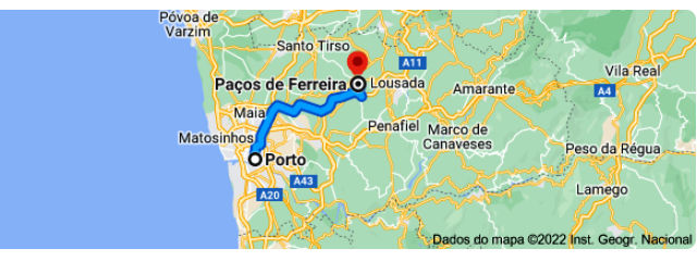 Da cidade do Porto a Paços de Ferreira, no Vale Sousa, Distrito do Porto, Douro Litoral (Região Norte) &copy; Google