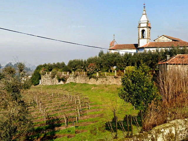 Landscape, church and vineyards in Penafiel, in Souza, Porto district, former Douro Litoral. &copy; Google Earth Pro