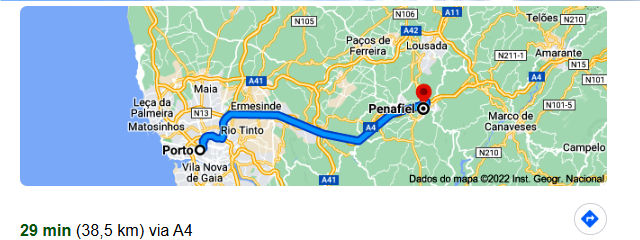 Da cidade do Porto a Penafiel, no Sousa, Distrito do Porto, Douro Litoral (Região Norte) &copy; Google